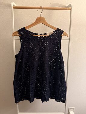 LOFT Navy Blue Open Knit Lace Keyhole Tank Small